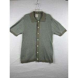 Massive Luxury Mens Sage Green Open Knit Crochet Button Up Polo Shirt Medium